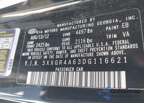 2013 Kia Optima Sx z USA, uszkodzony, nr VIN 5XXGR4A63DG116621